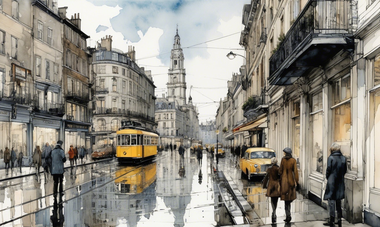 City Street Scene with Tram and Vintage Cars