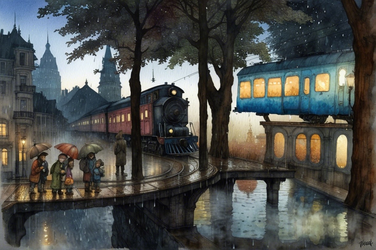 Vintage Steam Train in Rainy City Scene
