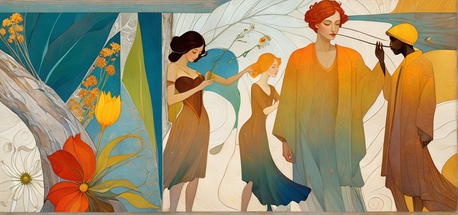 Vibrant mural with figures and floral elements