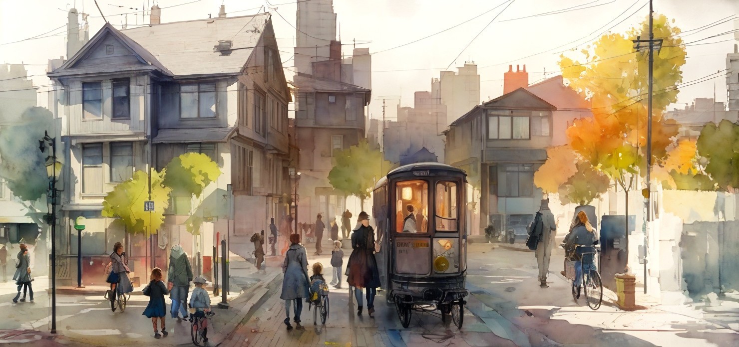 Vintage Tram in a Bustling Urban Scene with Autumn Leaves