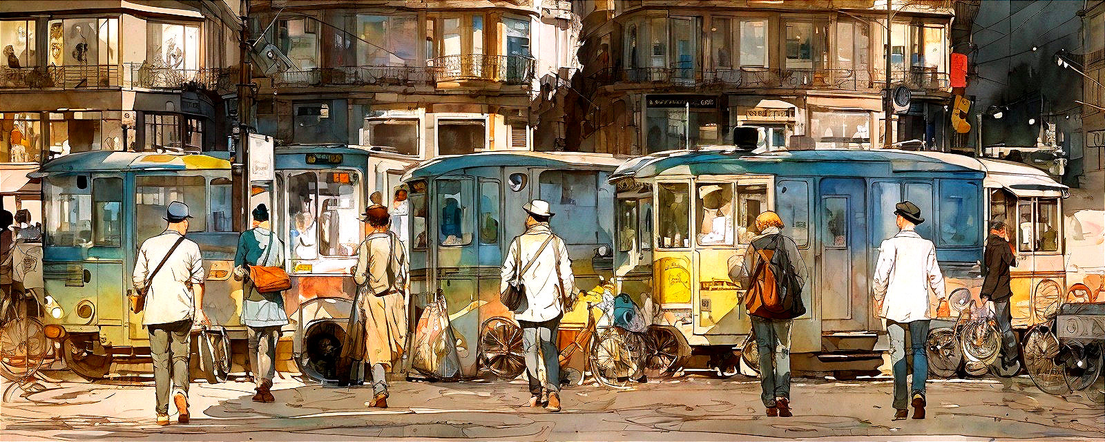 Vintage Trams and Pedestrians in Urban Street Scene