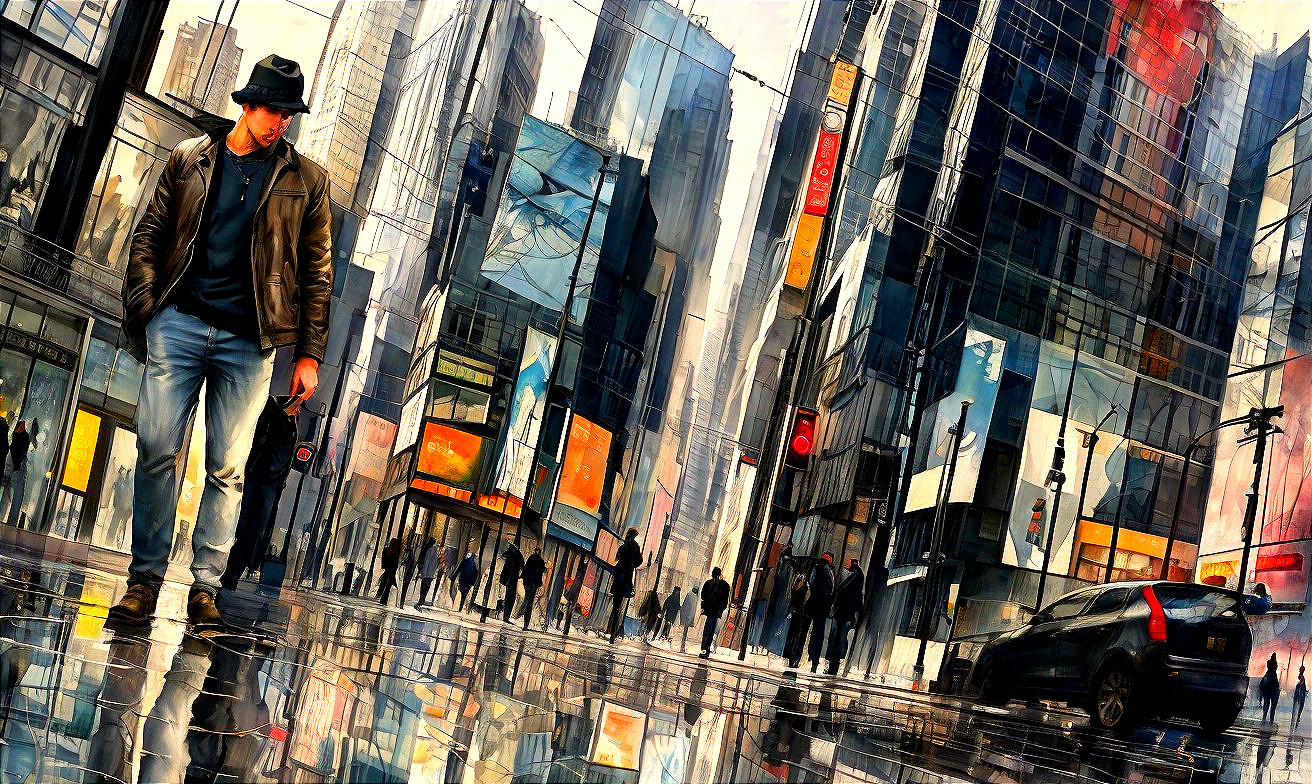 Urban Scene with Reflective Street and Glass Buildings