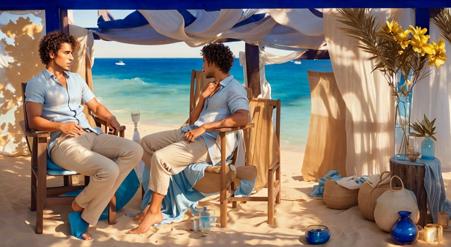 Men in Light Blue Attire Seated Under Beach Canopy