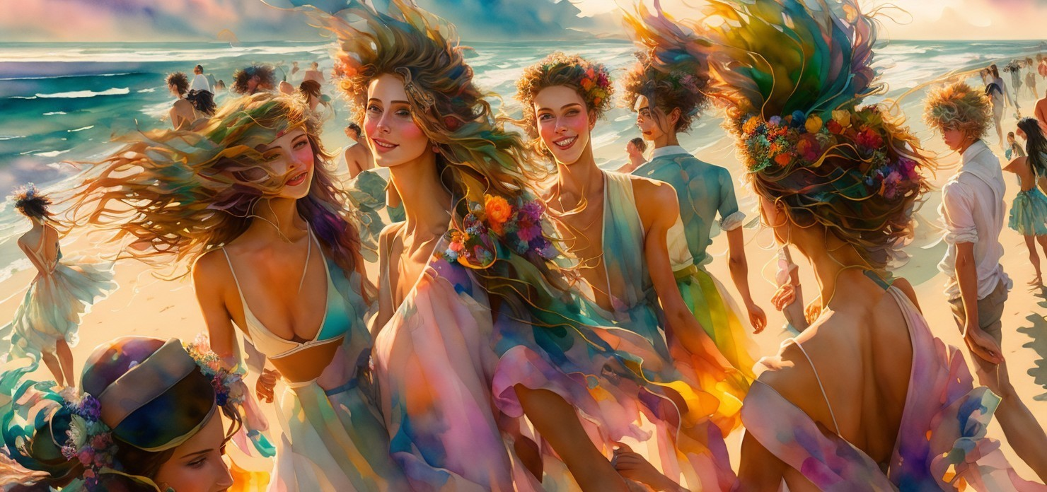 Vibrant Beach Scene with Women in Flowing Dresses