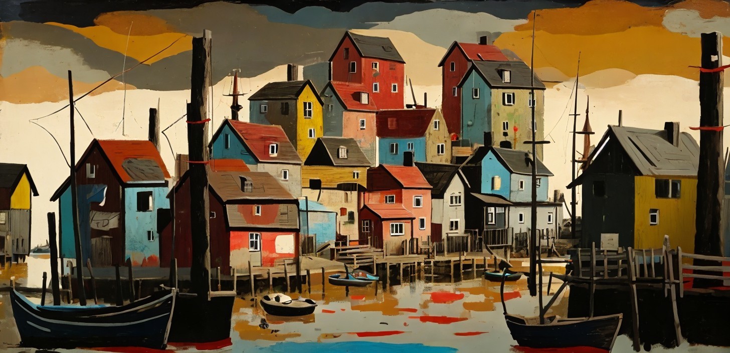 Colorful Stilt Houses by Calm Waters in Coastal Scene
