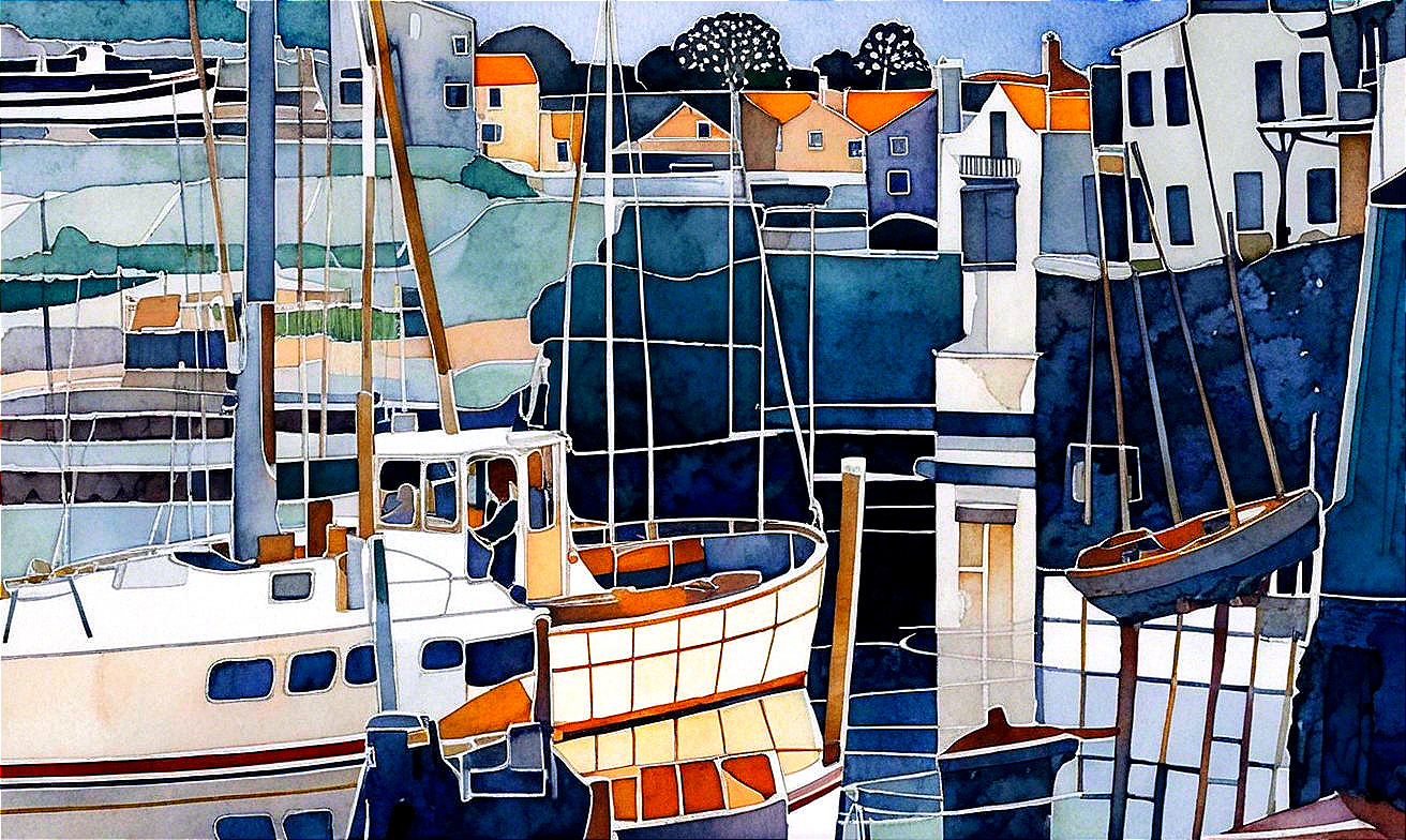 Serene Harbor Scene with Sailboats and Village