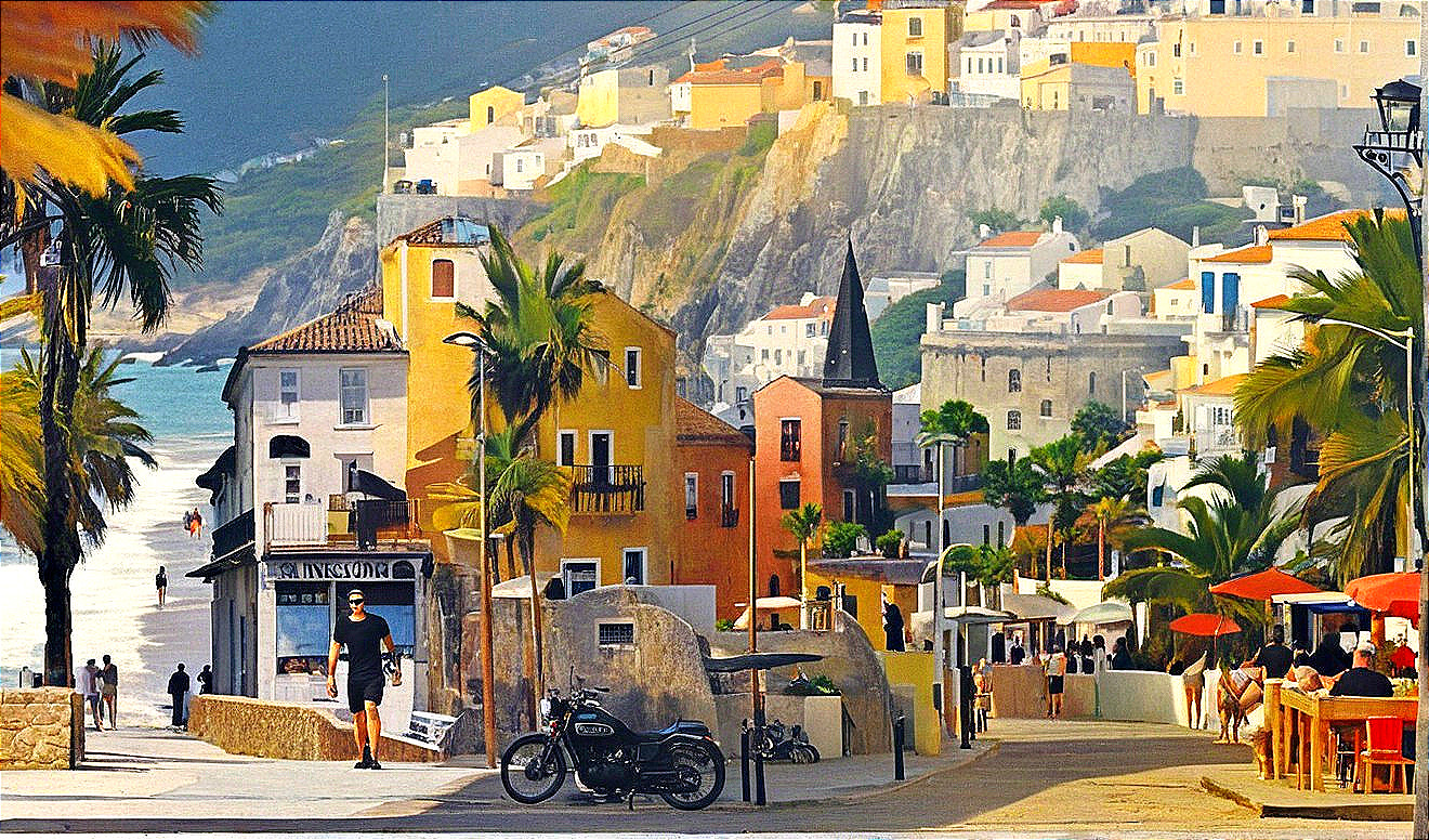 Vibrant Coastal Town with Colorful Buildings and Ocean