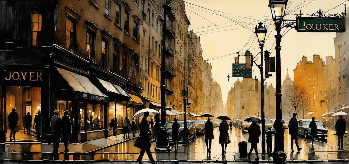 City Street Scene on Rainy Day with Umbrellas