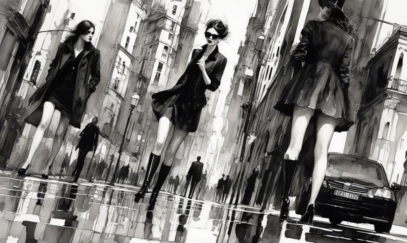 Black-and-white illustration of fashionable women in city