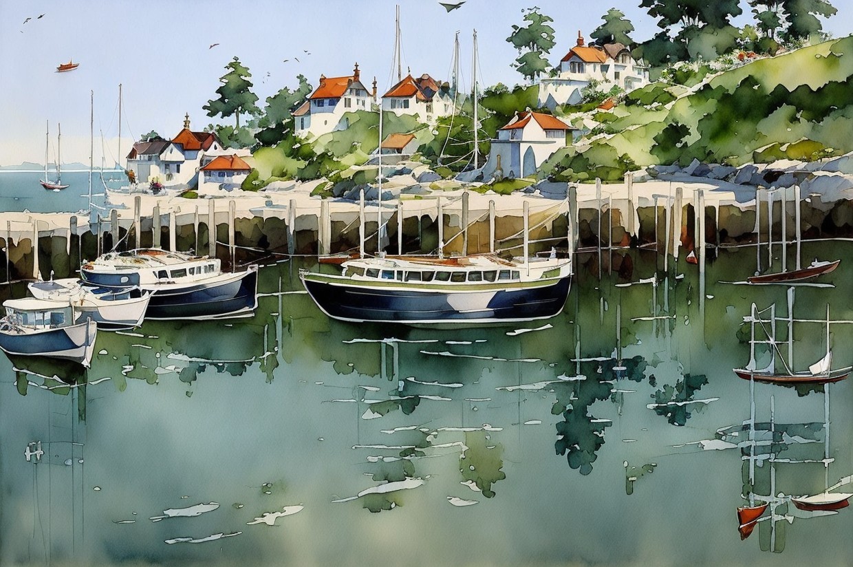 Coastal Scene with Boats and Quaint Houses on Hillside