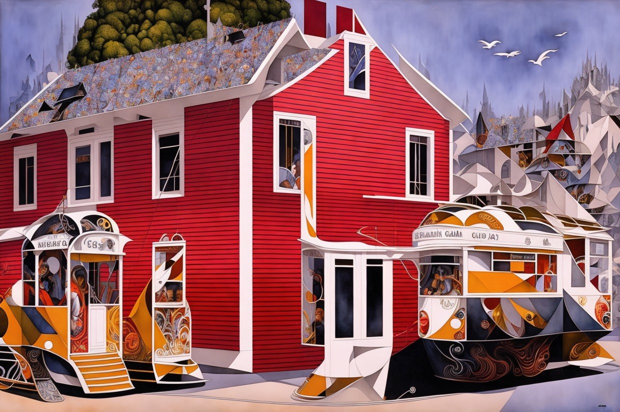 Vibrant Red House with Ornate Trams in Whimsical Setting