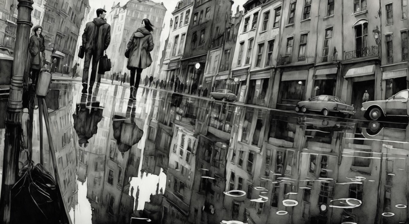 Monochromatic Cityscape with Rainy Street Scene