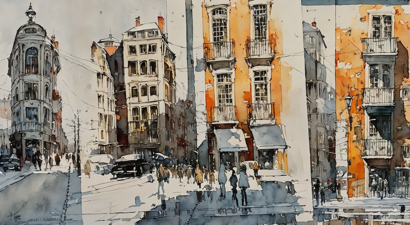Charming Watercolor Cityscape with Lively Street Scene