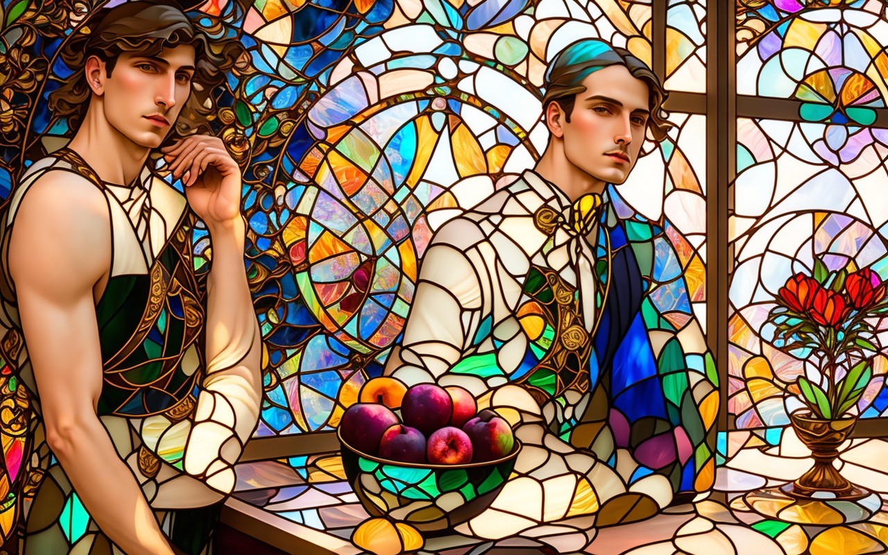 Elegantly Dressed Men Beside Fruit Bowl and Stained Glass