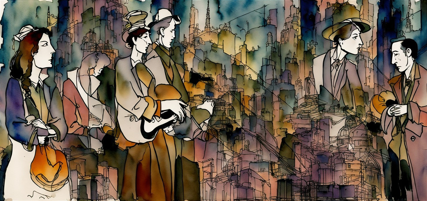 Stylized Watercolor Illustration of Musicians in 20th Century