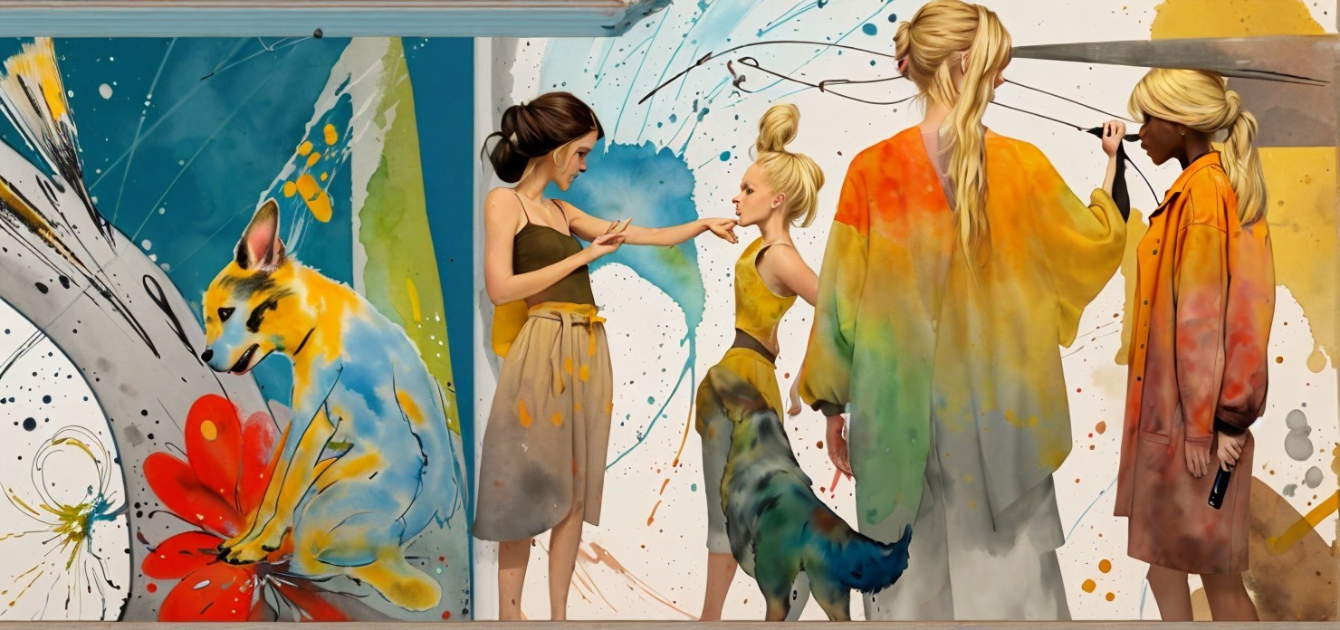 Vibrant mural of women, girl, and playful animals