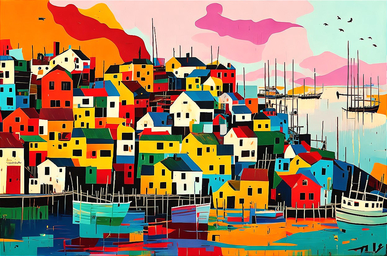 Vibrant Harbor Landscape with Colorful Houses and Boats
