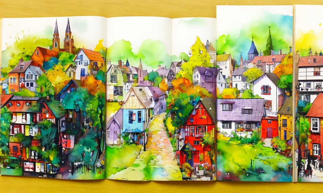 Vibrant Watercolor Village with Colorful Houses