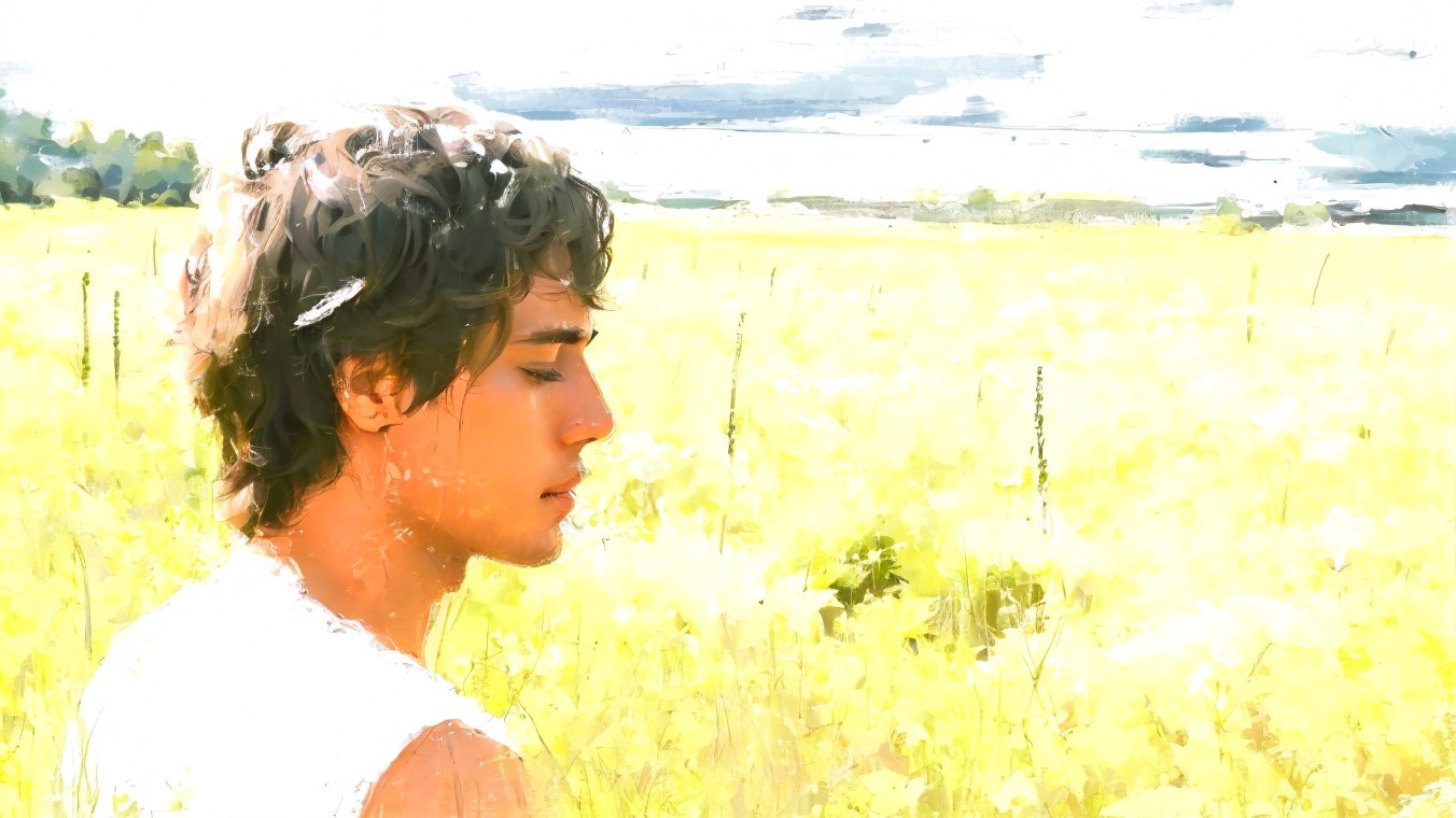 Young man in sunlit field with yellow flowers