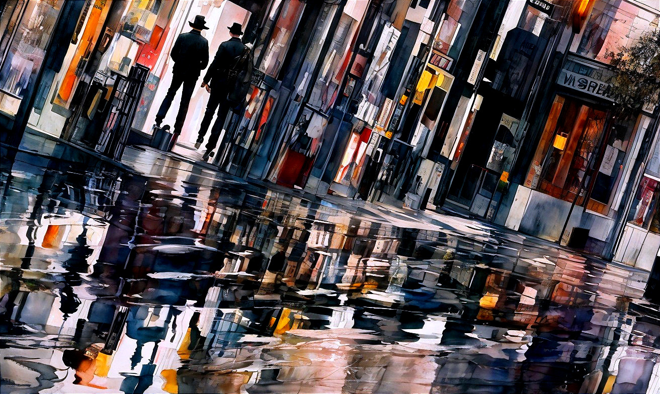 Vibrant Urban Scene with Figures on Wet Street