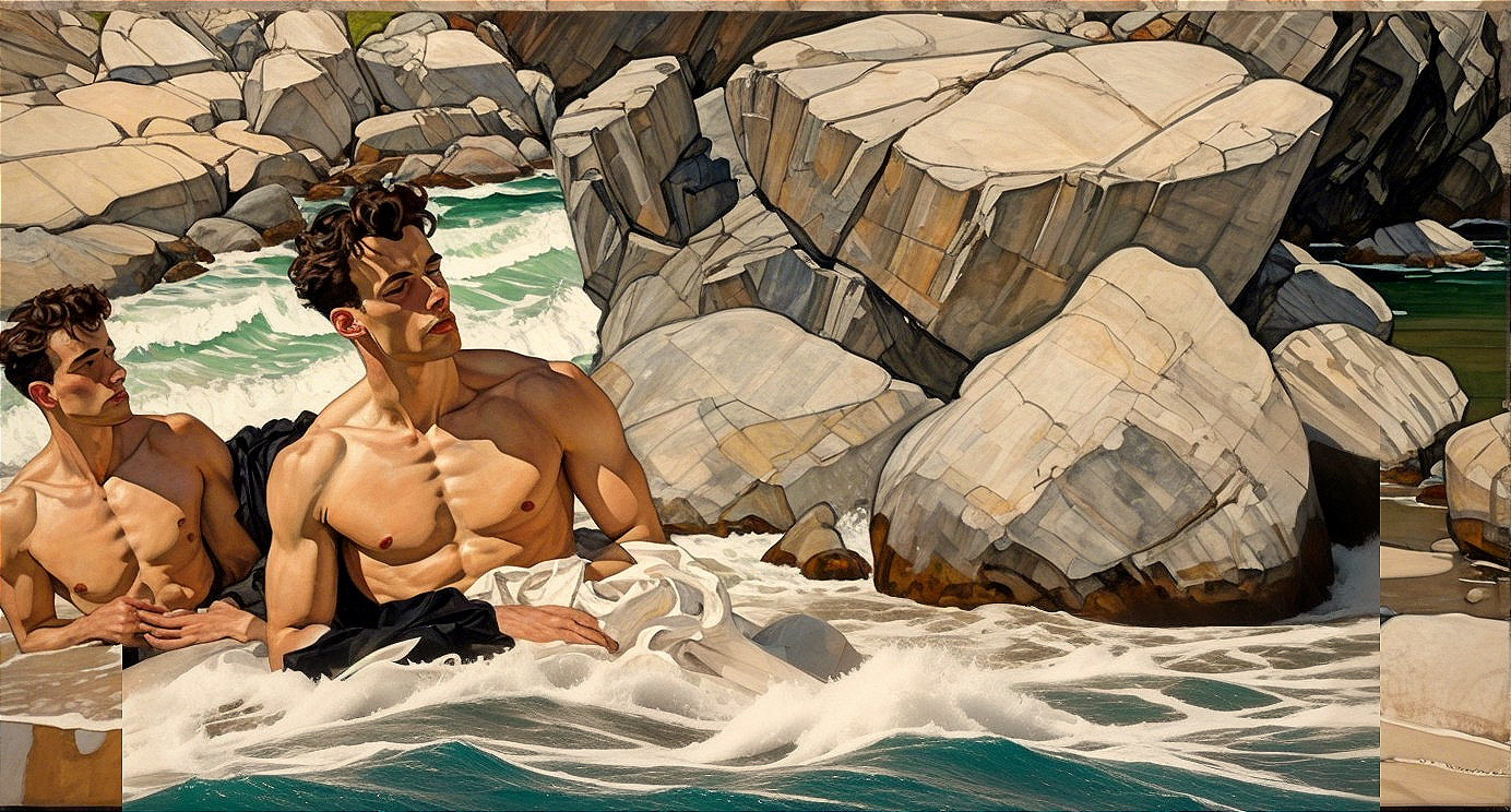 Muscular Men Posing by Rocky Shoreline with Waves