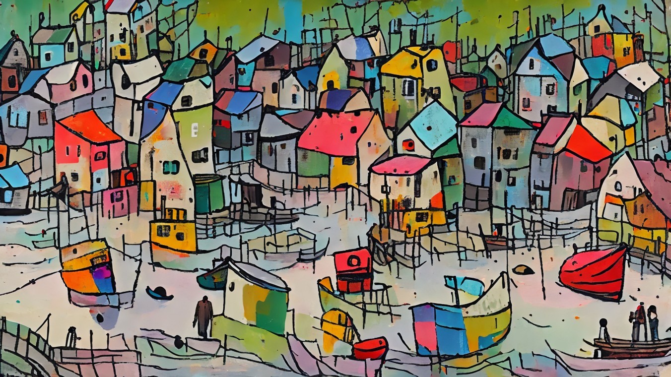 Abstract Coastal Village with Colorful Houses and Boats