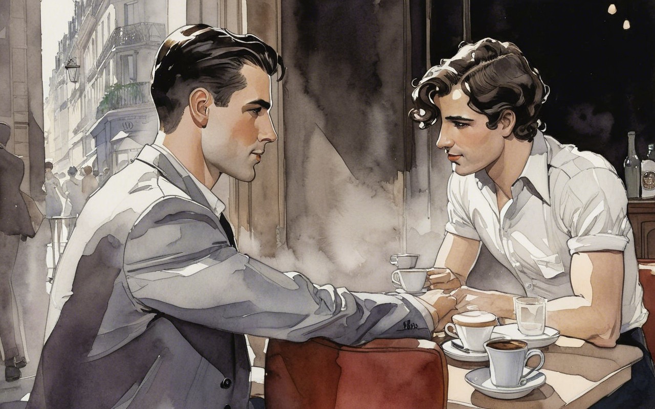 Young Men Conversing at Café Table in Urban Setting