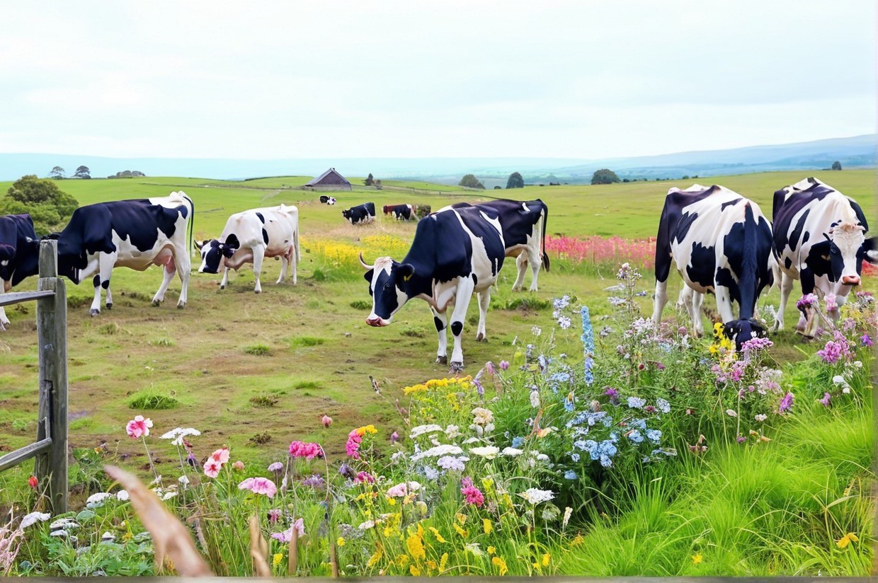 Tranquil Pasture with Cows and Colorful Wildflowers