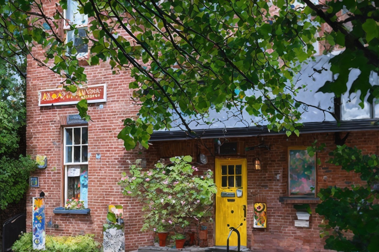 Charming Brick Building with Yellow Door and Murals