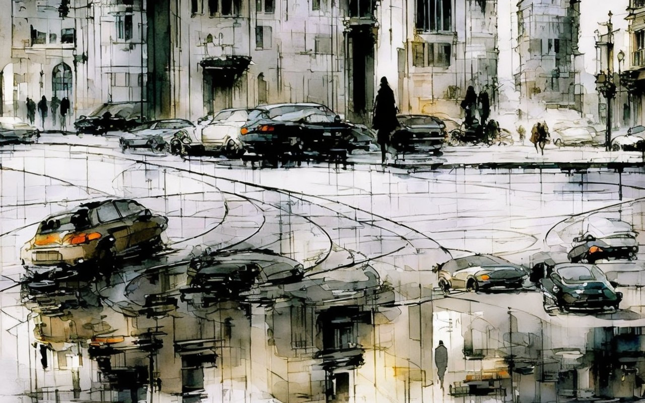 Urban Scene with Vehicles and Figures in Muted Colors
