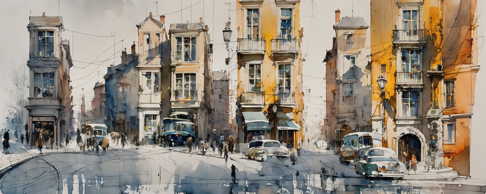 Vibrant Urban Street Scene with Vintage Cars and Buildings