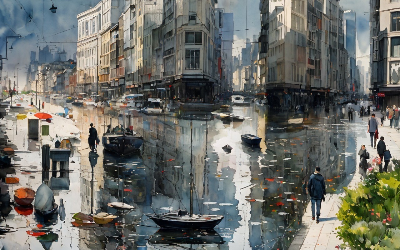 Vibrant Cityscape with Canal and Colorful Boats