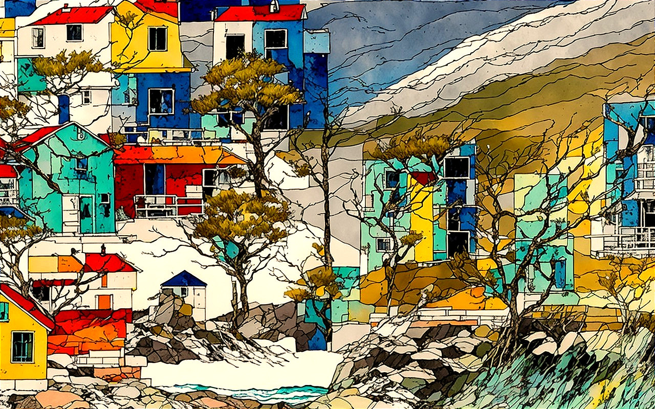 Vibrant Landscape with Colorful Houses and Mountains