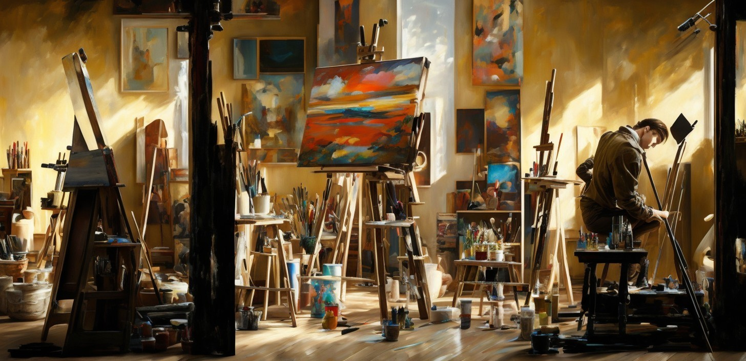 Spacious Artist's Studio with Vibrant Paintings and Light