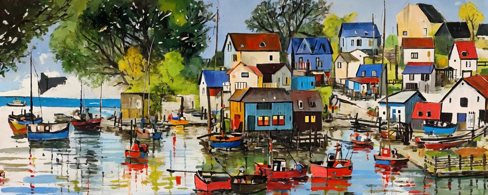 Vibrant Coastal Scene with Colorful Houses and Boats