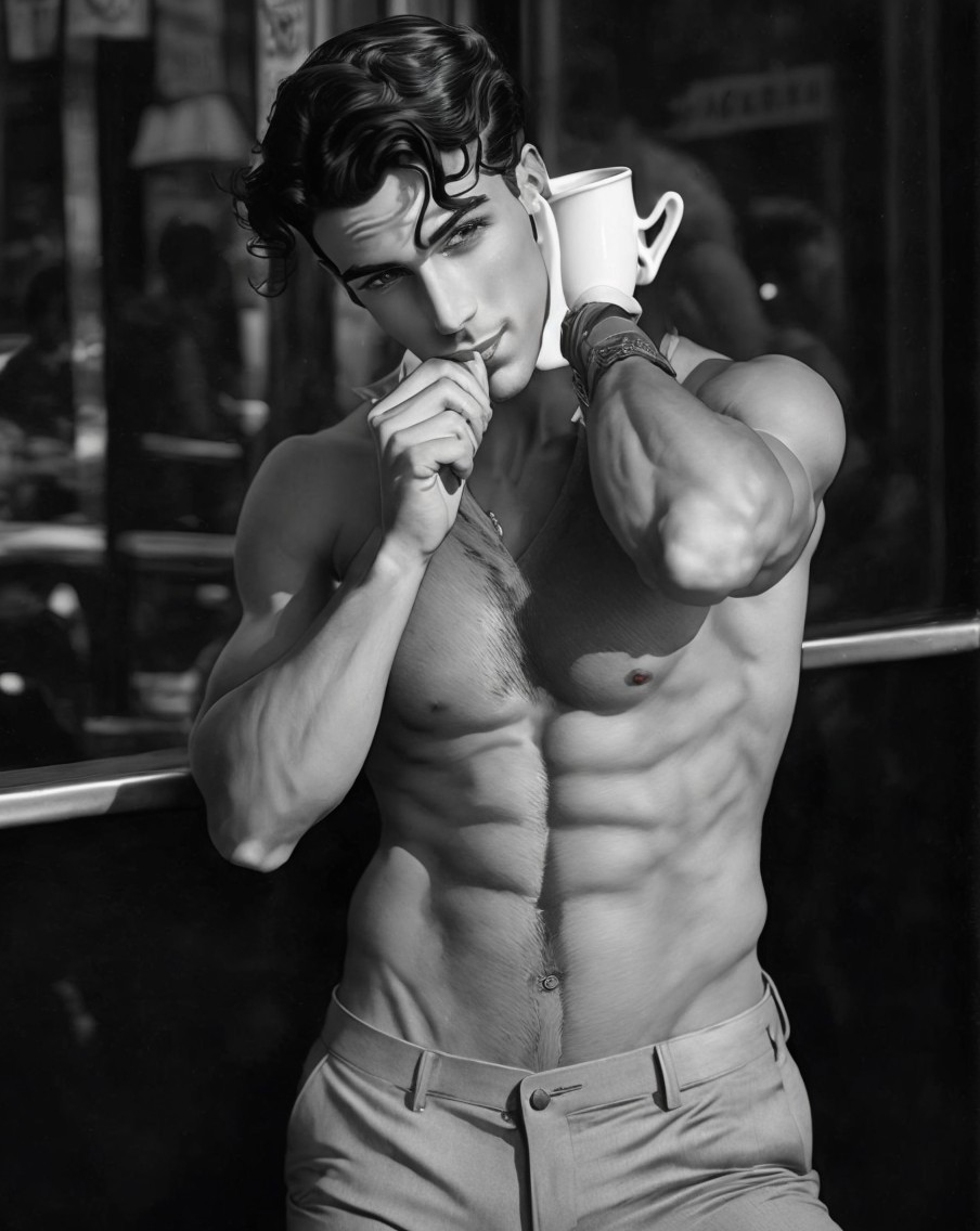 Black-and-white portrait of a muscular young man