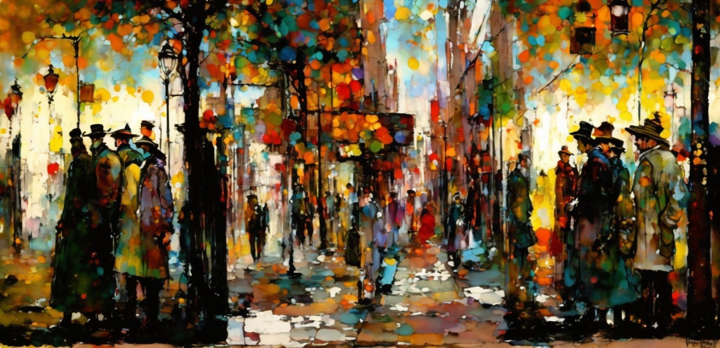 Vibrant Street Scene with Colorful Lights and Autumn Leaves