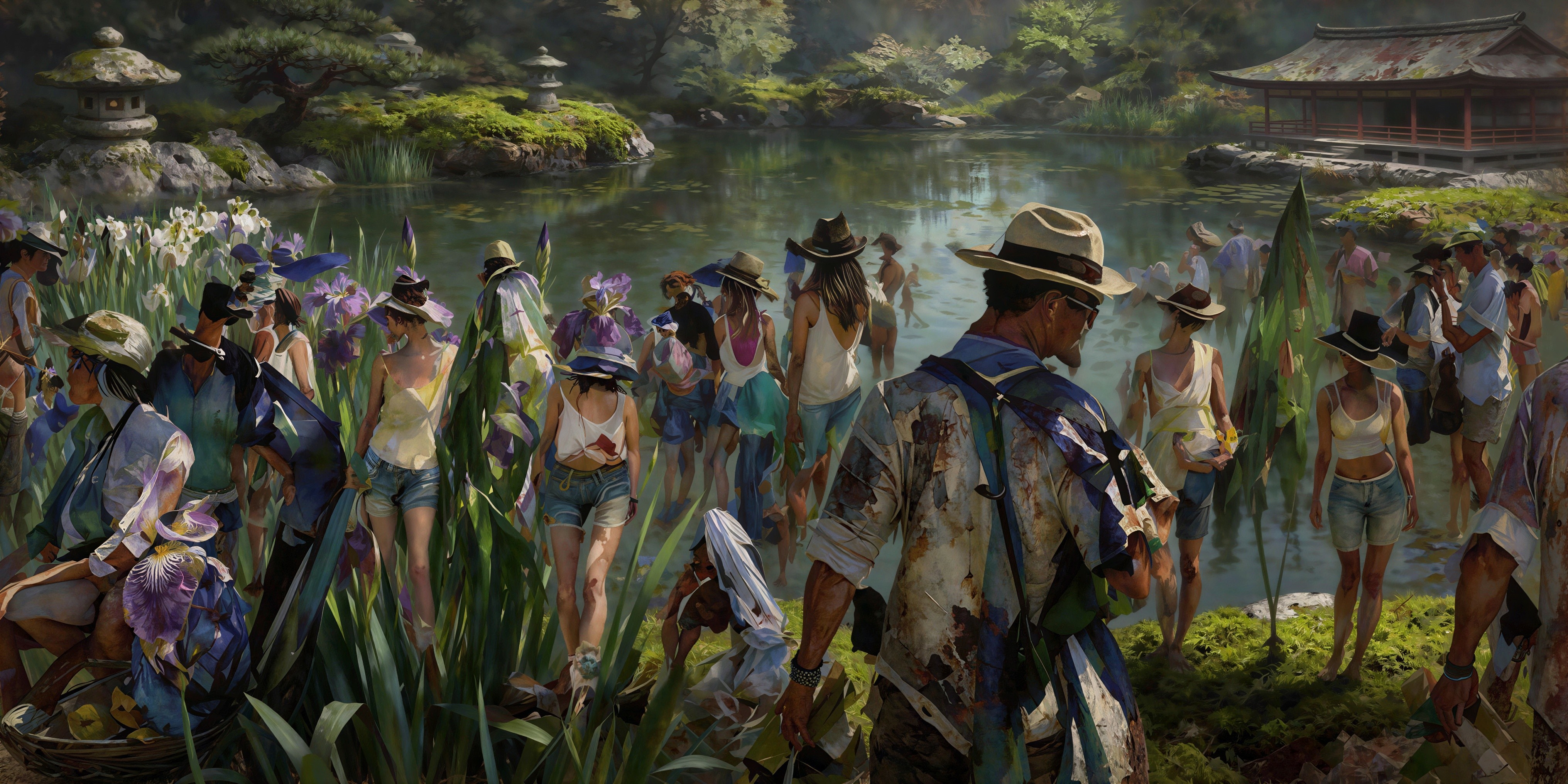 Detailed Painting of People Harvesting Irises in Garden