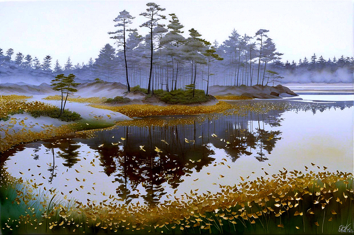 Serene Landscape with Calm Water and Misty Islands