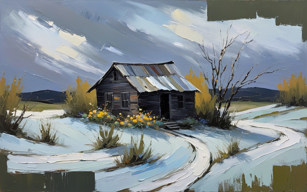 Rustic cabin in snowy landscape with wildflowers