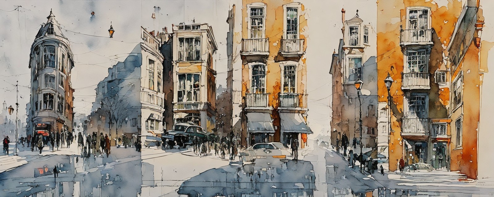 Vibrant Watercolor Cityscape with Charming Architecture