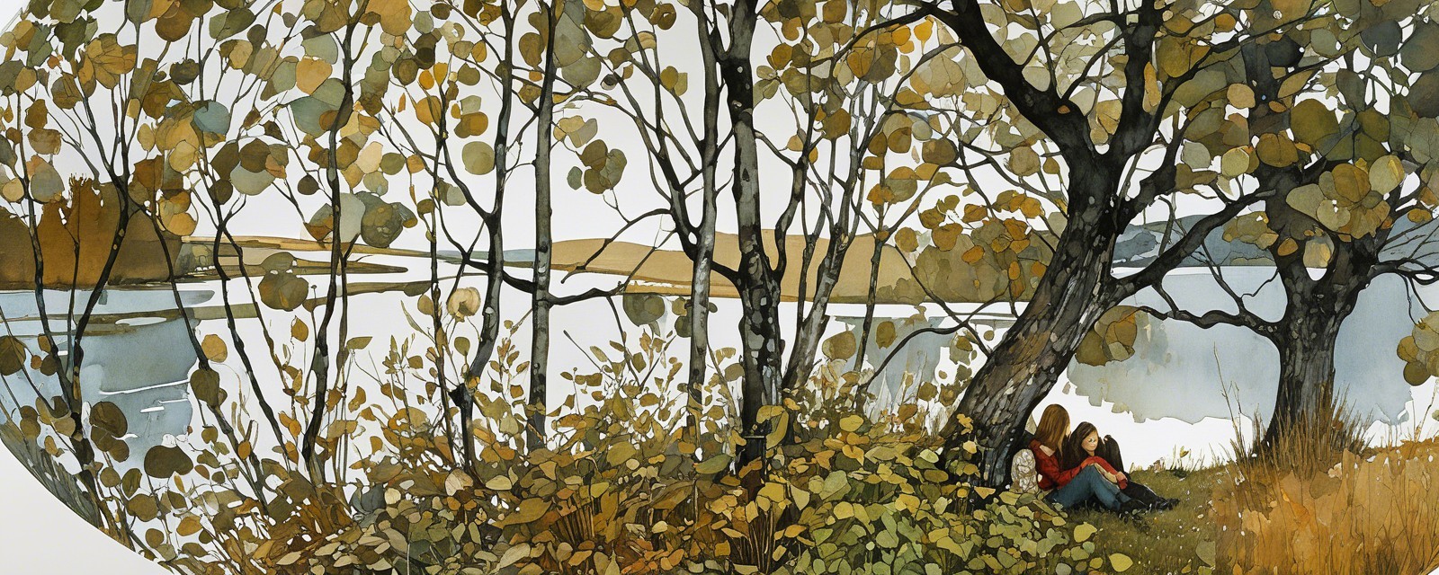 Serene Landscape with Figures Beneath Lush Trees