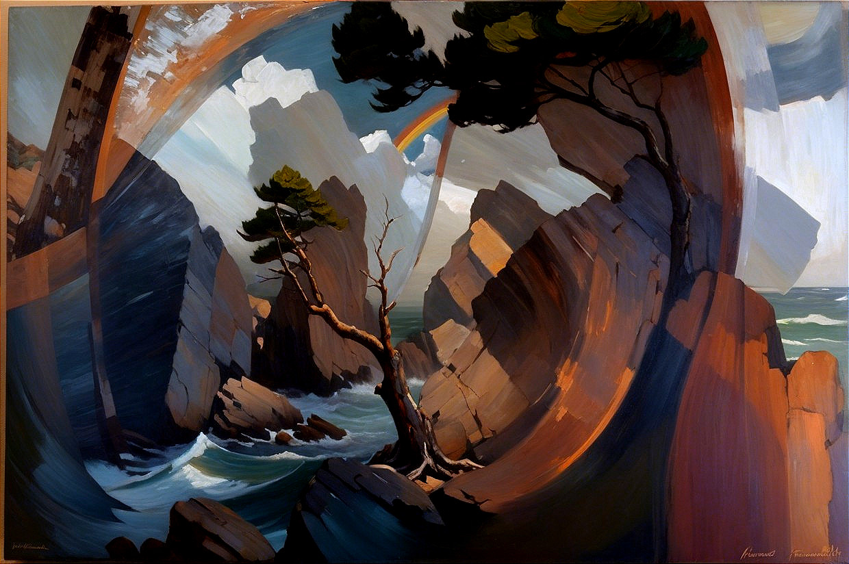 Dramatic Landscape with Cliffs, Waves, and Rainbow