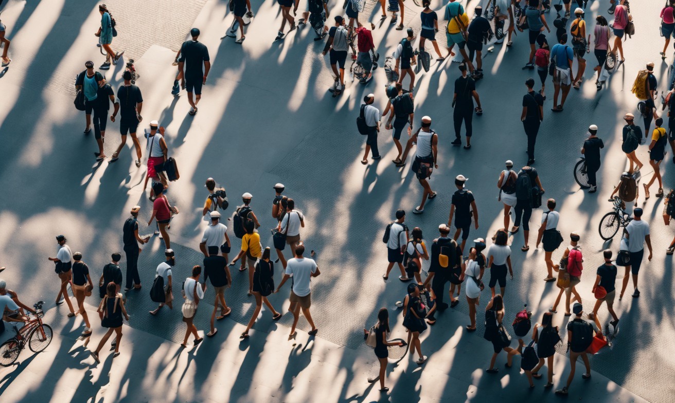 Diverse Urban Crowd in Sunlit City Scene