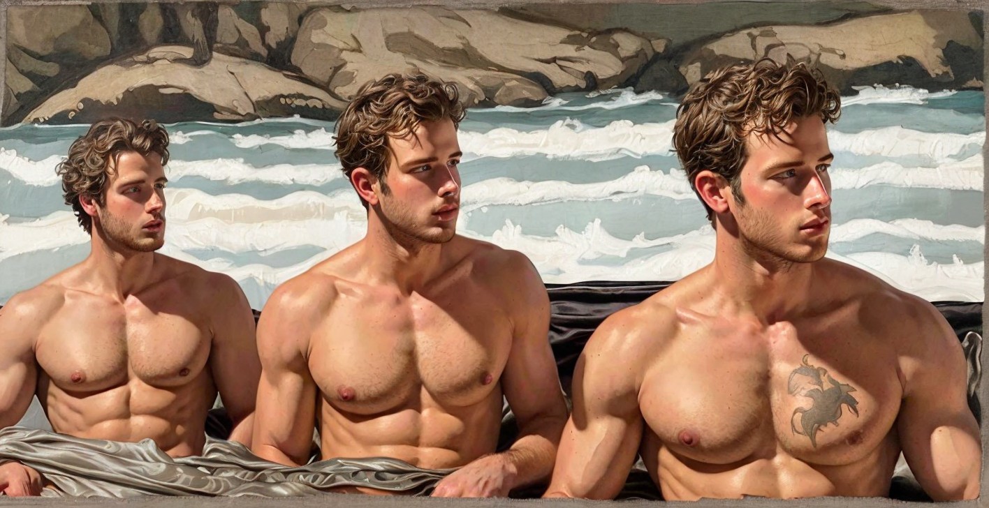Triptych of a Young Man by Ocean Waves and Cliffs