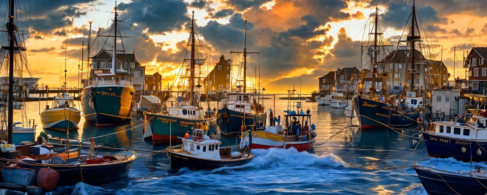 Picturesque Harbor at Sunset with Fishing Boats