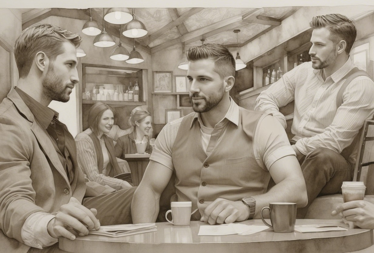 Cozy café scene with men in conversation and women chatting