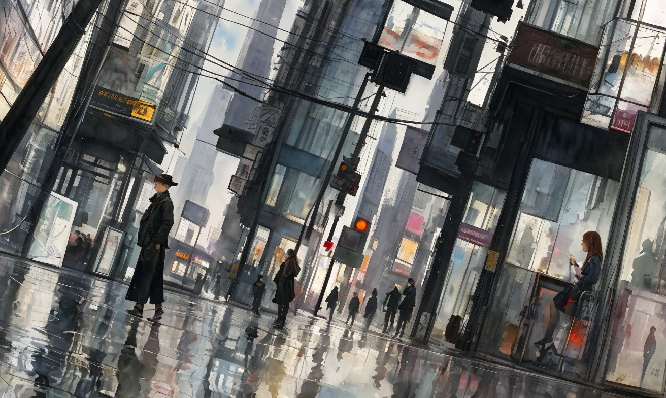 Urban Scene with Reflections on Rain-Soaked Streets