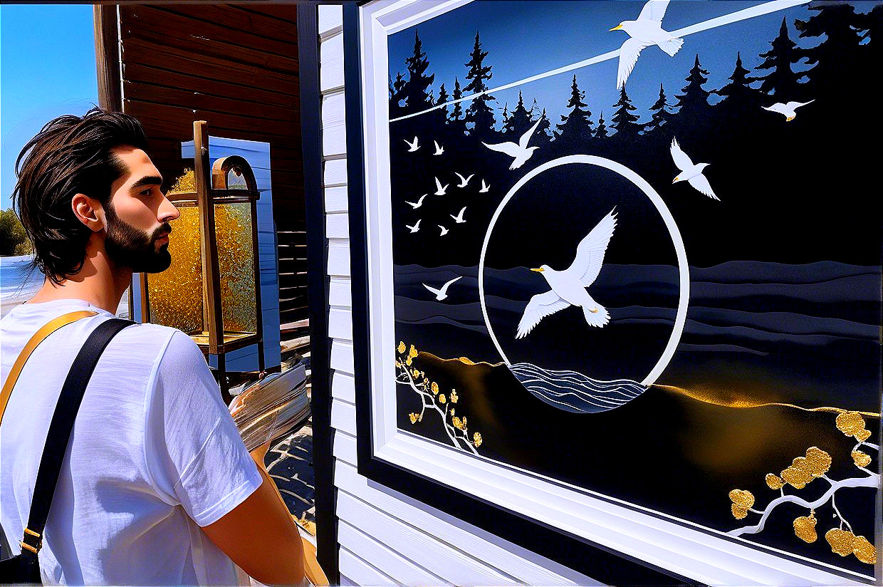 Young man beside vibrant mural of birds and nature