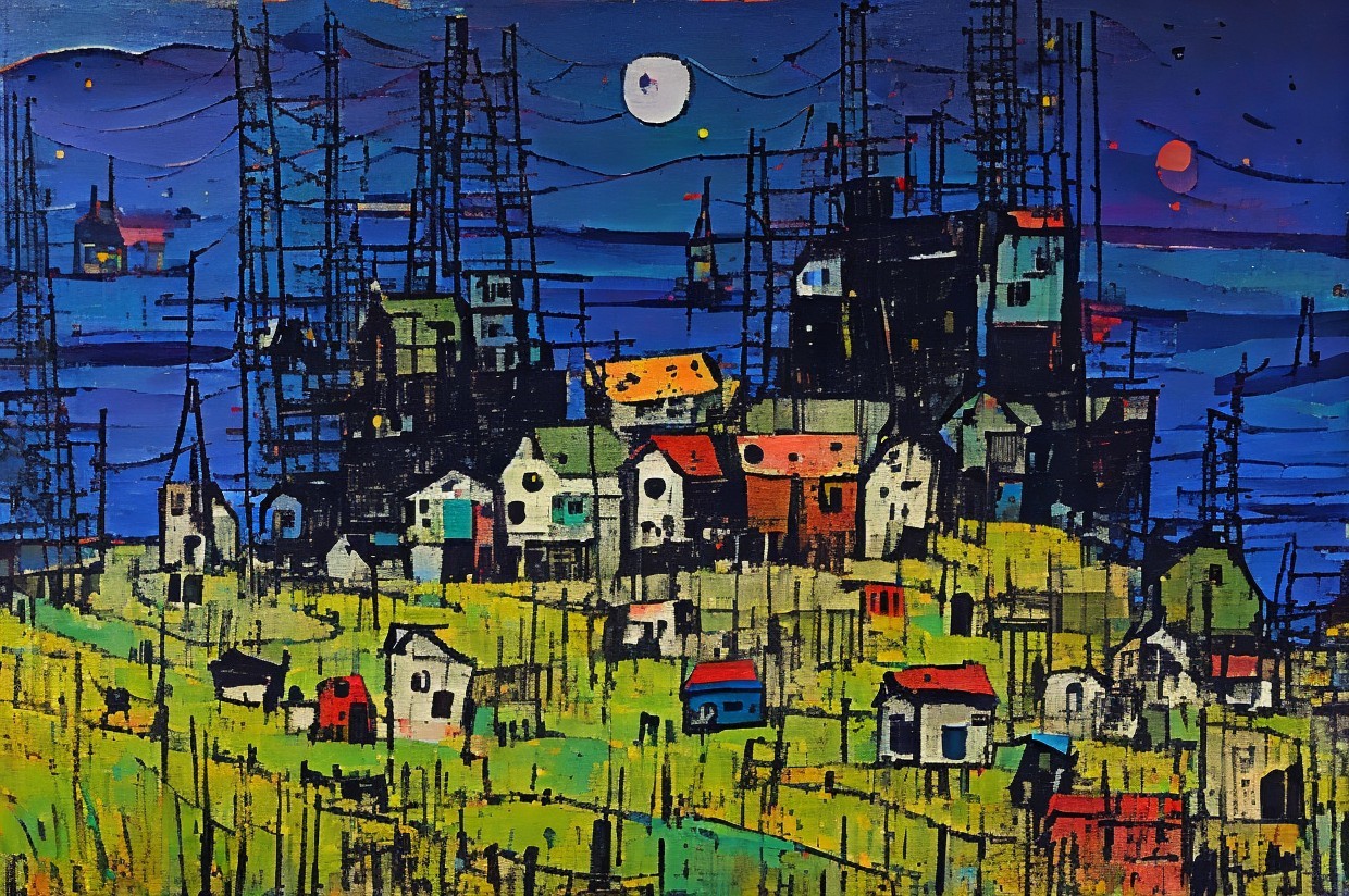 Vibrant Abstract Landscape with Colorful Houses and Moon
